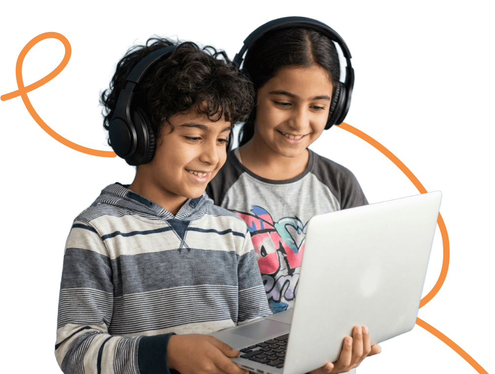 Two children learning English online with headphones and a laptop